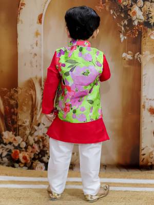 Red spring floral printed polyster silk jacket kurta pyjama set 2
