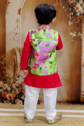 Red spring floral printed polyster silk jacket kurta pyjama set