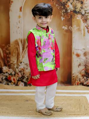 Red spring floral printed polyster silk jacket kurta pyjama set 3