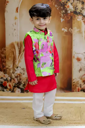 Red spring floral printed polyster silk jacket kurta pyjama set