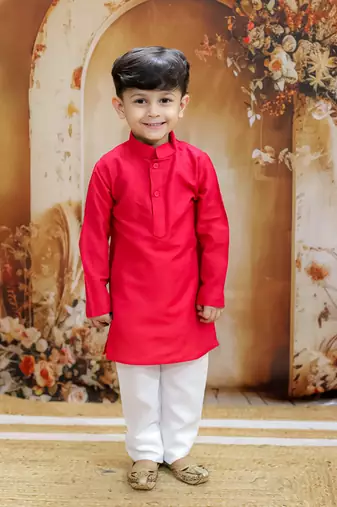 Red spring floral printed polyster silk jacket kurta pyjama set