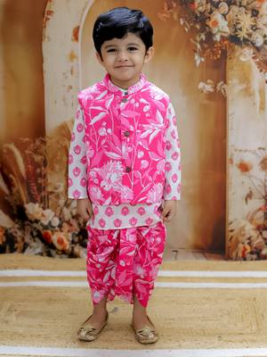 Pink motif printed cotton jacket kurta dhoti set 1