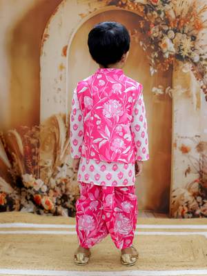 Pink motif printed cotton jacket kurta dhoti set 2