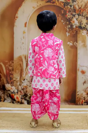 Pink motif printed cotton jacket kurta dhoti set