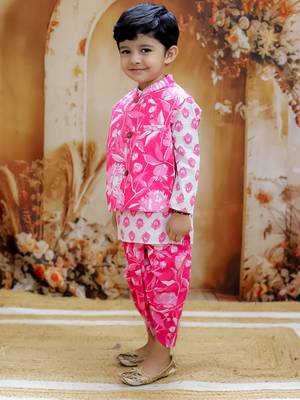 Pink motif printed cotton jacket kurta dhoti set 3