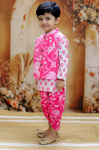 Pink motif printed cotton jacket kurta dhoti set
