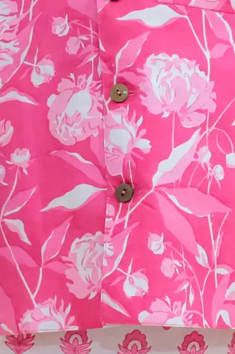 Pink motif printed cotton jacket kurta dhoti set