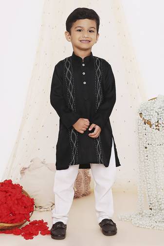 Black embroidered silk kurta pyjama set