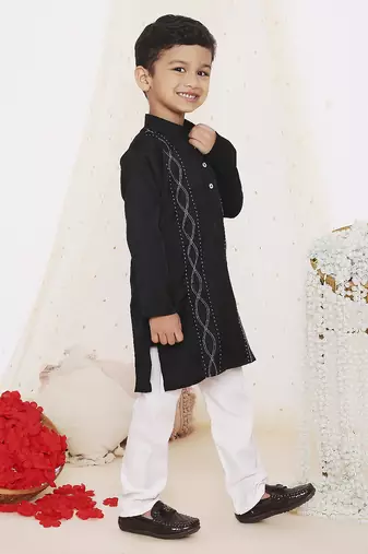 Black embroidered silk kurta pyjama set