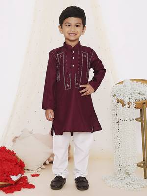 Wine embroidered silk kurta pyjama set 1