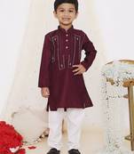 Wine embroidered silk kurta pyjama set