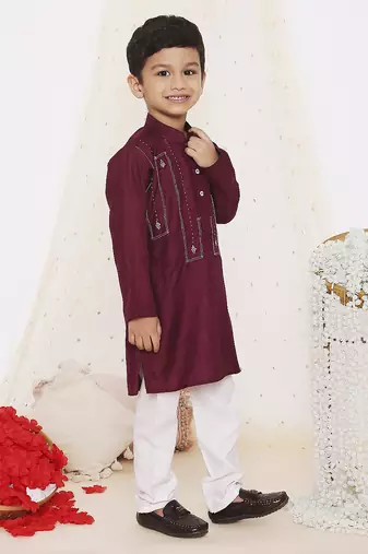 Wine embroidered silk kurta pyjama set