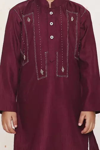 Wine embroidered silk kurta pyjama set