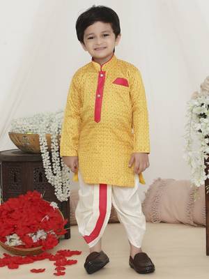 Yellow embroidered silk kurta dhoti set 1