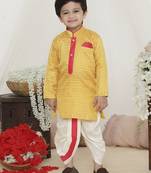 Yellow embroidered silk kurta dhoti set
