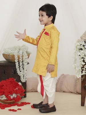 Yellow embroidered silk kurta dhoti set 3