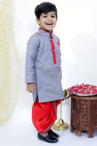 Grey embroidered silk kurta dhoti set