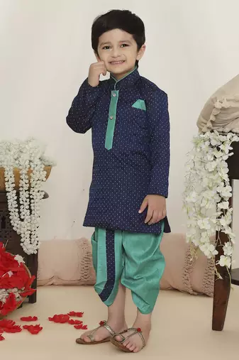 Blue embroidered silk kurta dhoti set