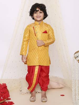 Yellow printed jacquard sherwani dhoti set 1