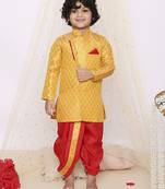 Yellow printed jacquard sherwani dhoti set