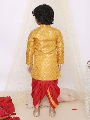 Yellow printed jacquard sherwani dhoti set 2
