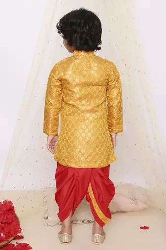 Yellow printed jacquard sherwani dhoti set