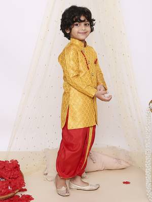 Yellow printed jacquard sherwani dhoti set 3