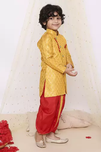 Yellow printed jacquard sherwani dhoti set