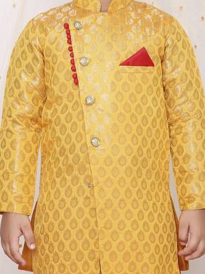 Yellow printed jacquard sherwani dhoti set 4