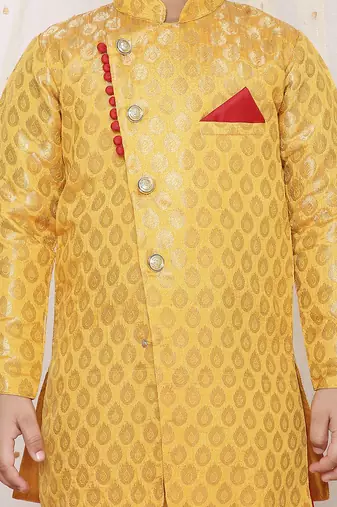 Yellow printed jacquard sherwani dhoti set