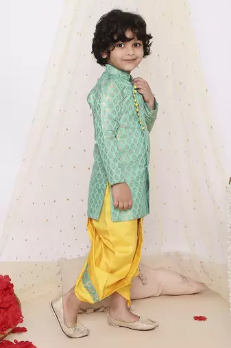Grey  printed jacquard sherwani dhoti set