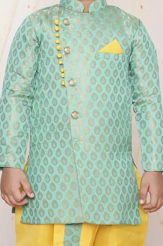 Grey  printed jacquard sherwani dhoti set