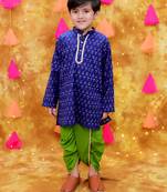 Blue printed cotton kurta dhoti set