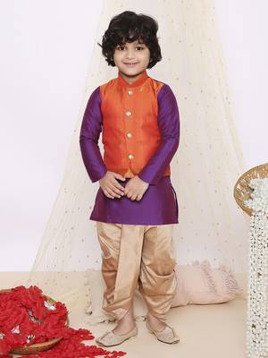 Orange purple plain silk attached jacket kurta dhoti 1