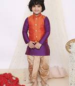 Orange purple plain silk attached jacket kurta dhoti