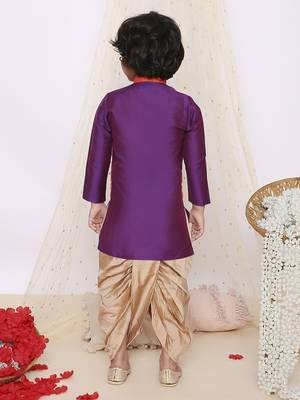 Orange purple plain silk attached jacket kurta dhoti 2