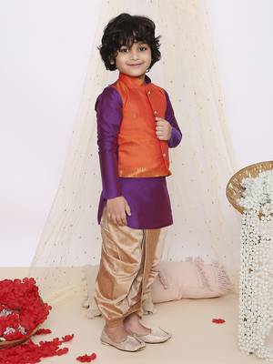 Orange purple plain silk attached jacket kurta dhoti 3