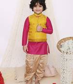Yellow pink plain silk attached jacket kurta with dhoti
