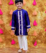 Blue embroidered taffeta sherwani set