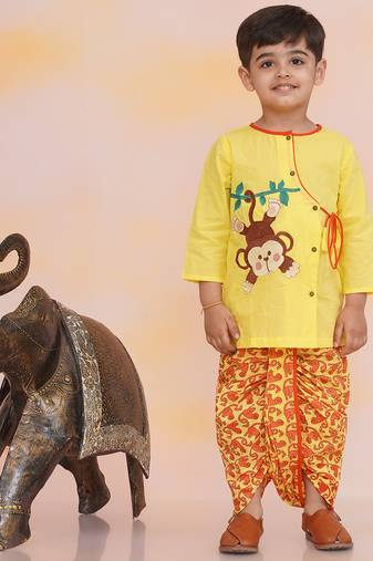 Yellow embroidered cotton kurta dhoti