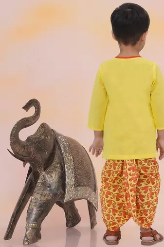 Yellow embroidered cotton kurta dhoti