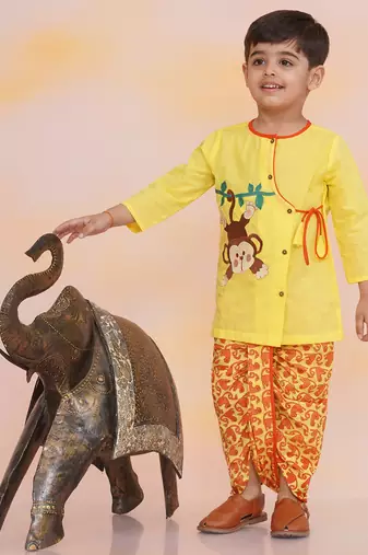 Yellow embroidered cotton kurta dhoti