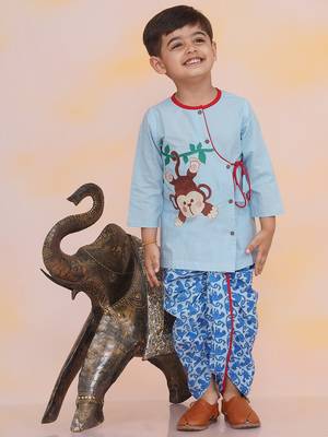 Blue embroidered cotton kurta dhoti 1
