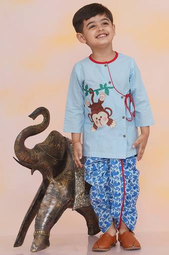 Blue embroidered cotton kurta dhoti