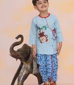 Blue embroidered cotton kurta dhoti