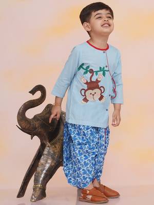 Blue embroidered cotton kurta dhoti 4