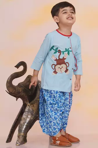 Blue embroidered cotton kurta dhoti