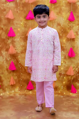 Pink printed cotton kurta pyjama