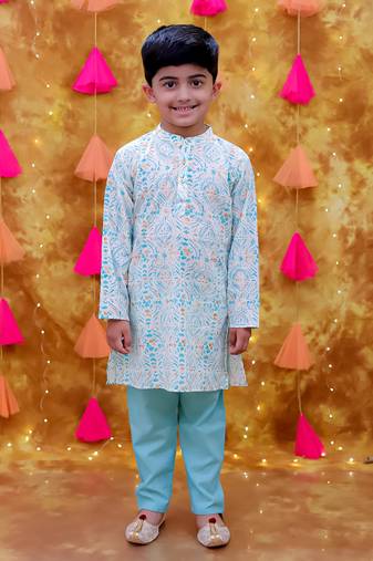 Green printed cotton kurta pyjama
