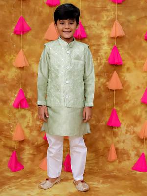 Green embroidered silk mirror work jacket kurta with pyjama 1
